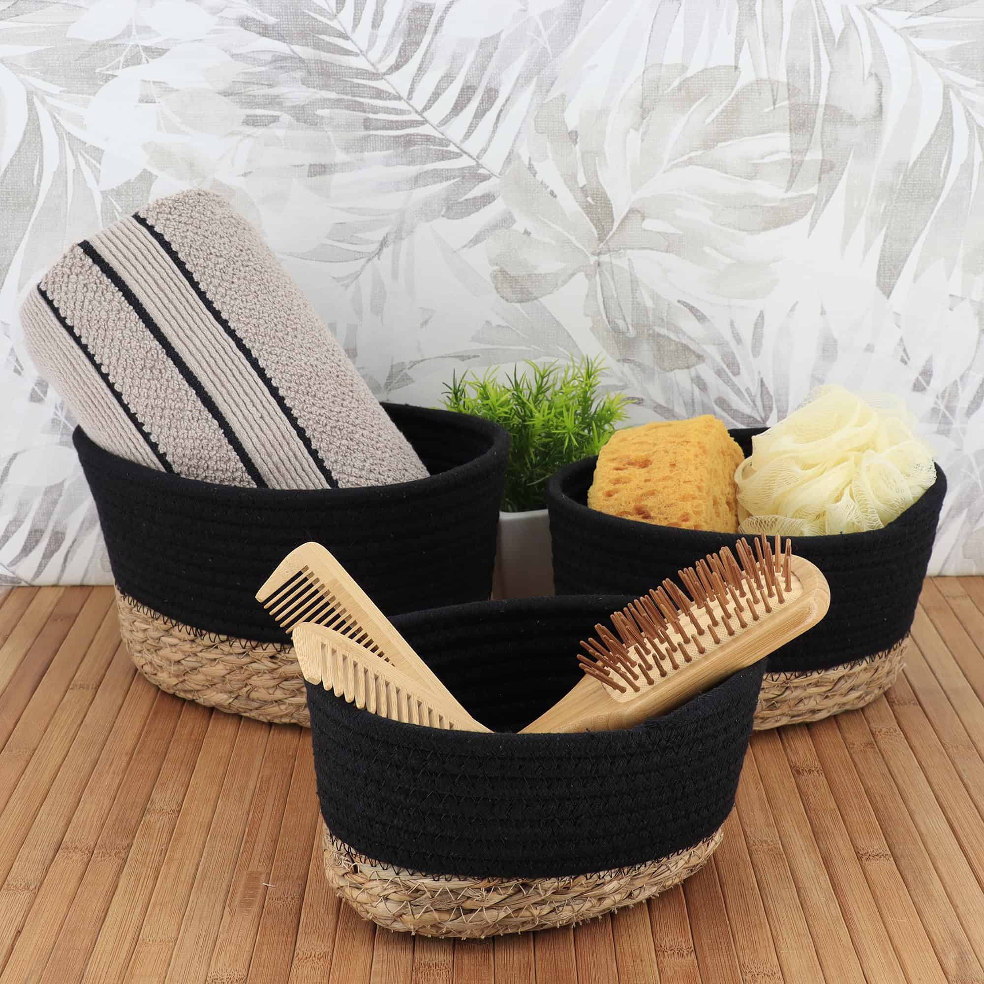 evideco-bathroom-storage-panier-coton-noir-lot-3-empilable image 3