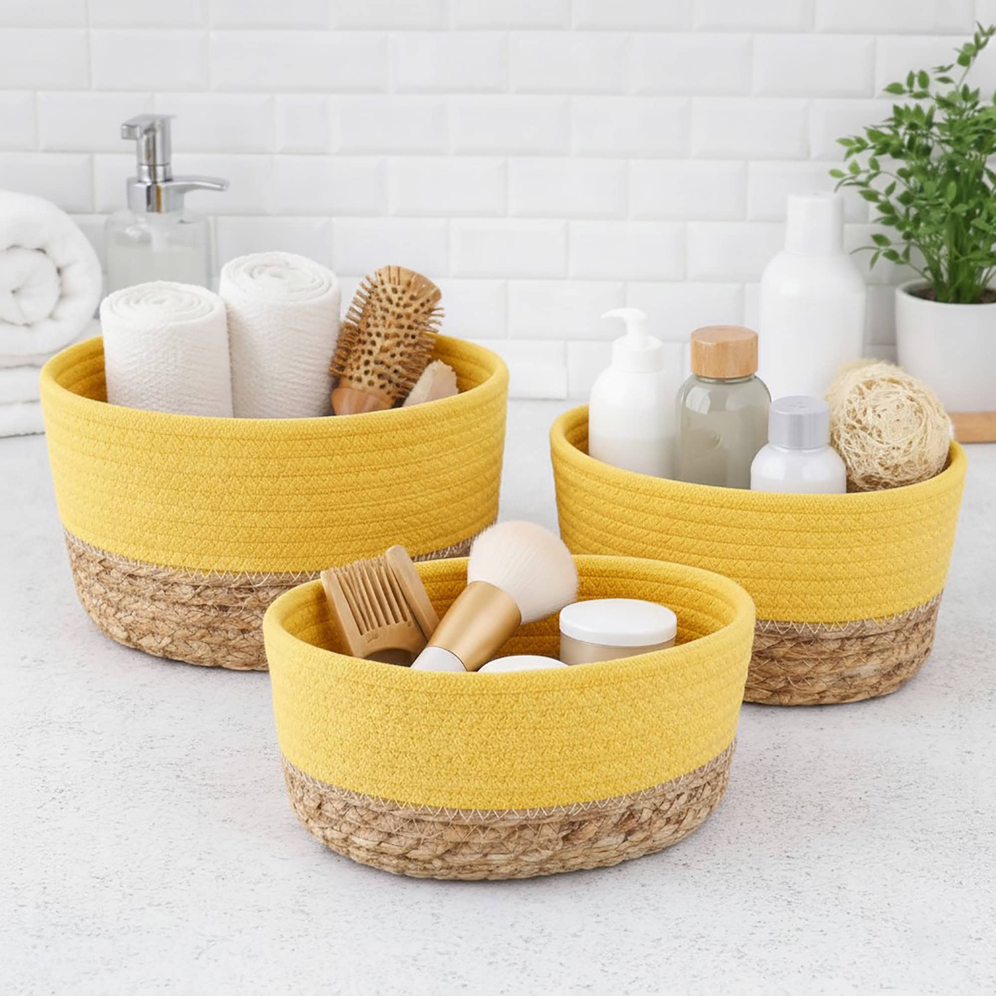 evideco-bathroom-storage-paniers-coton-jaune-empilables-lot-de-3 image 1