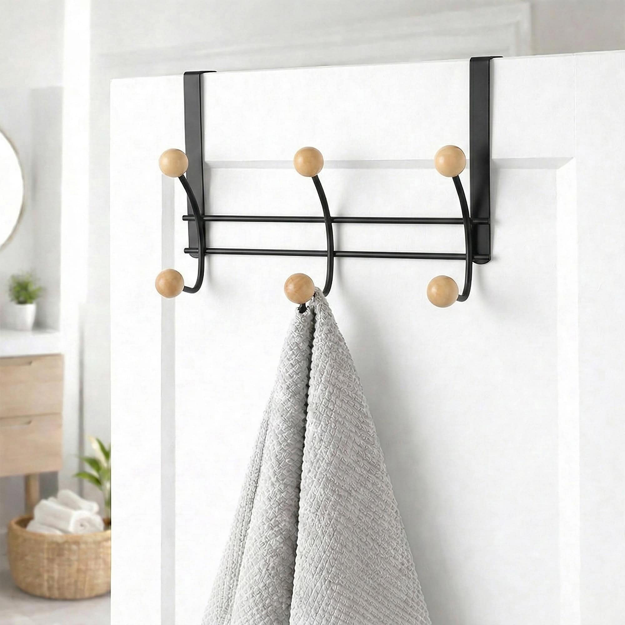 evideco-pat-re-de-porte-noire-6-boules-bois-porte-serviettes image 2