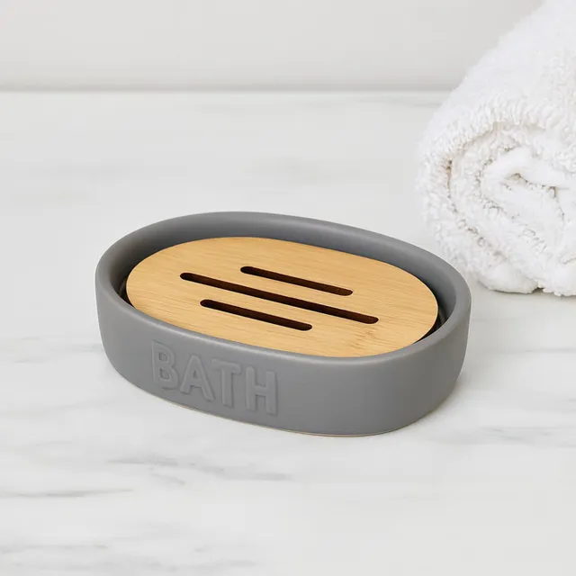 evideco-bathroom-accessories-set-porte-savon-gobelet-gris-bambou image 1