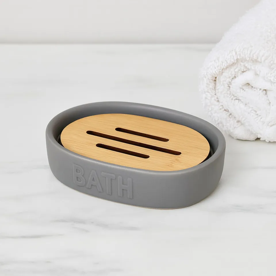 evideco-bathroom-accessories-set-porte-savon-gobelet-gris-bambou image 1