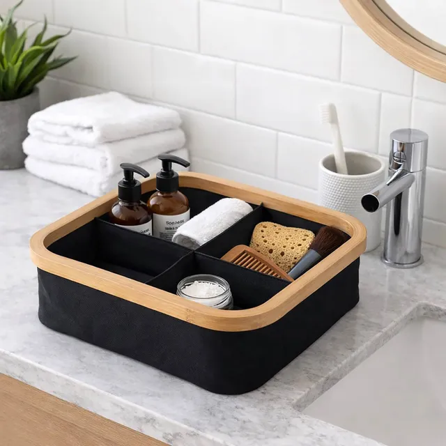 evideco-panier-rangement-pliable-bambou-noir-4-compartiments image 1