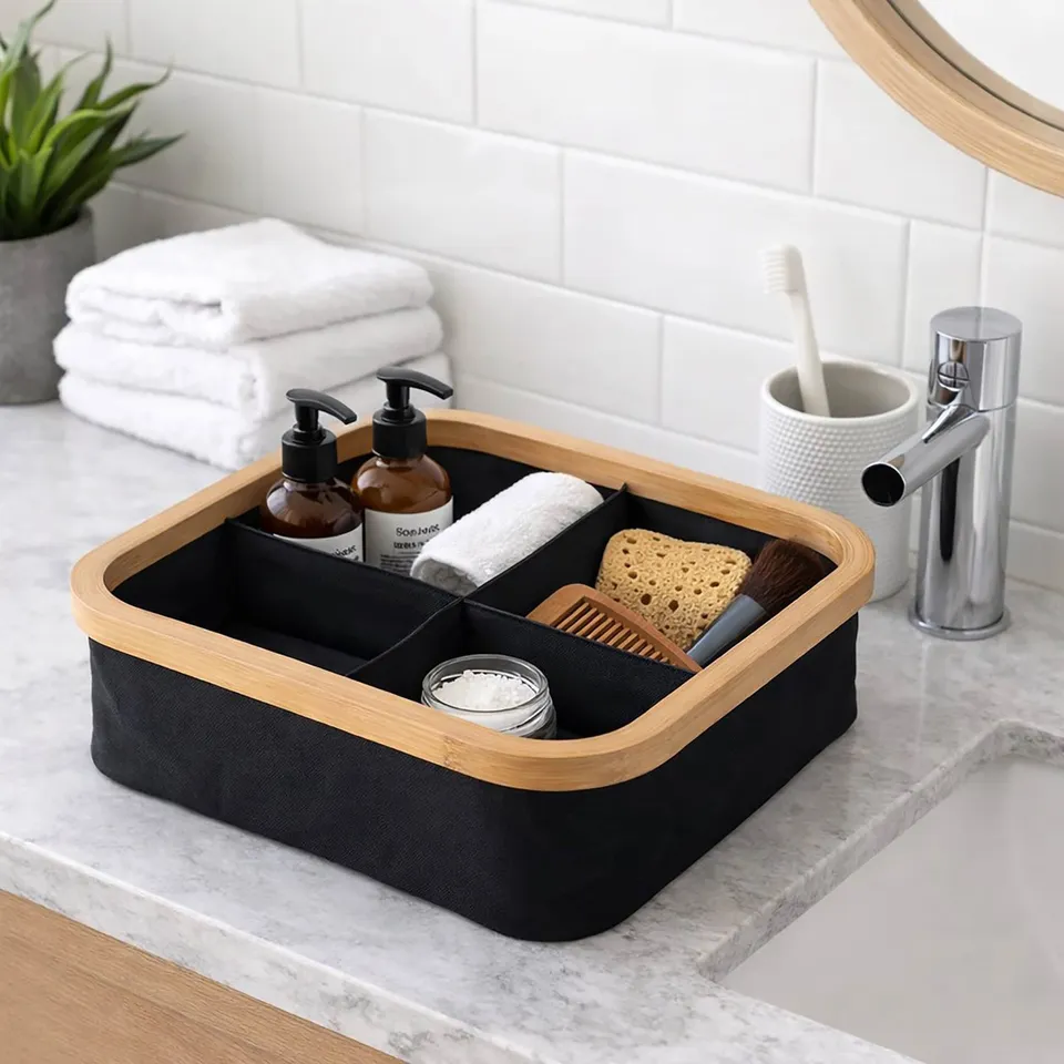 evideco-panier-rangement-pliable-bambou-noir-4-compartiments image 1