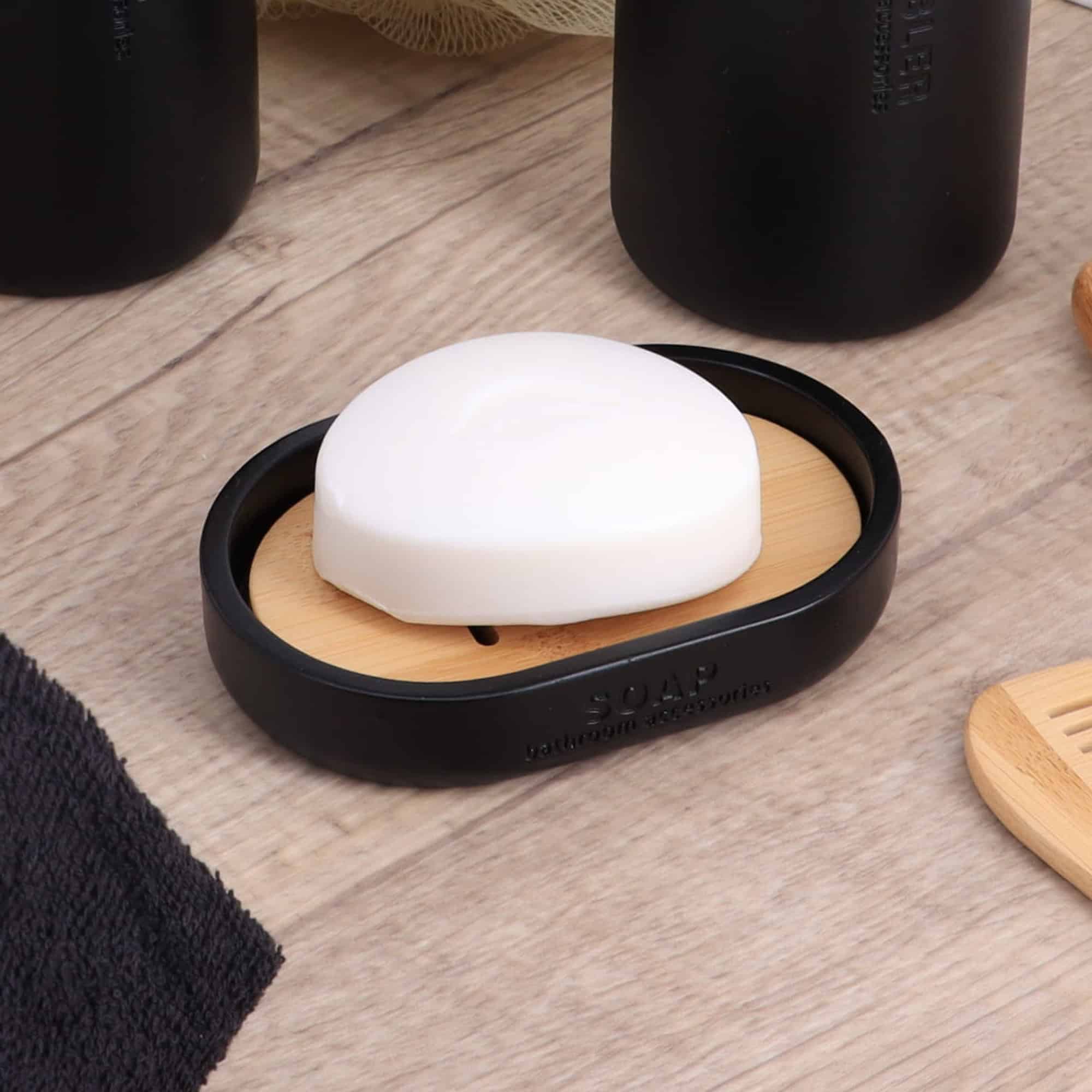 evideco-porte-savon-noir-mat-socle-bambou-savonni-re-salle-de-bain image 1