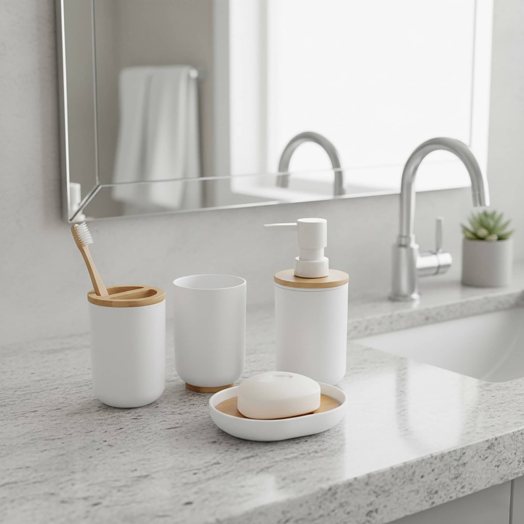 evideco-padang-set-accessoires-salle-de-bain-blanc-bambou-6-pi-ces image 2