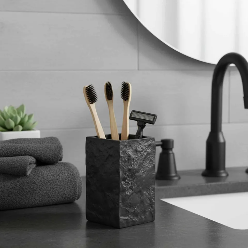 evideco-stone-gobelet-salle-de-bain-noir-effet-pierre-r-sine image 1