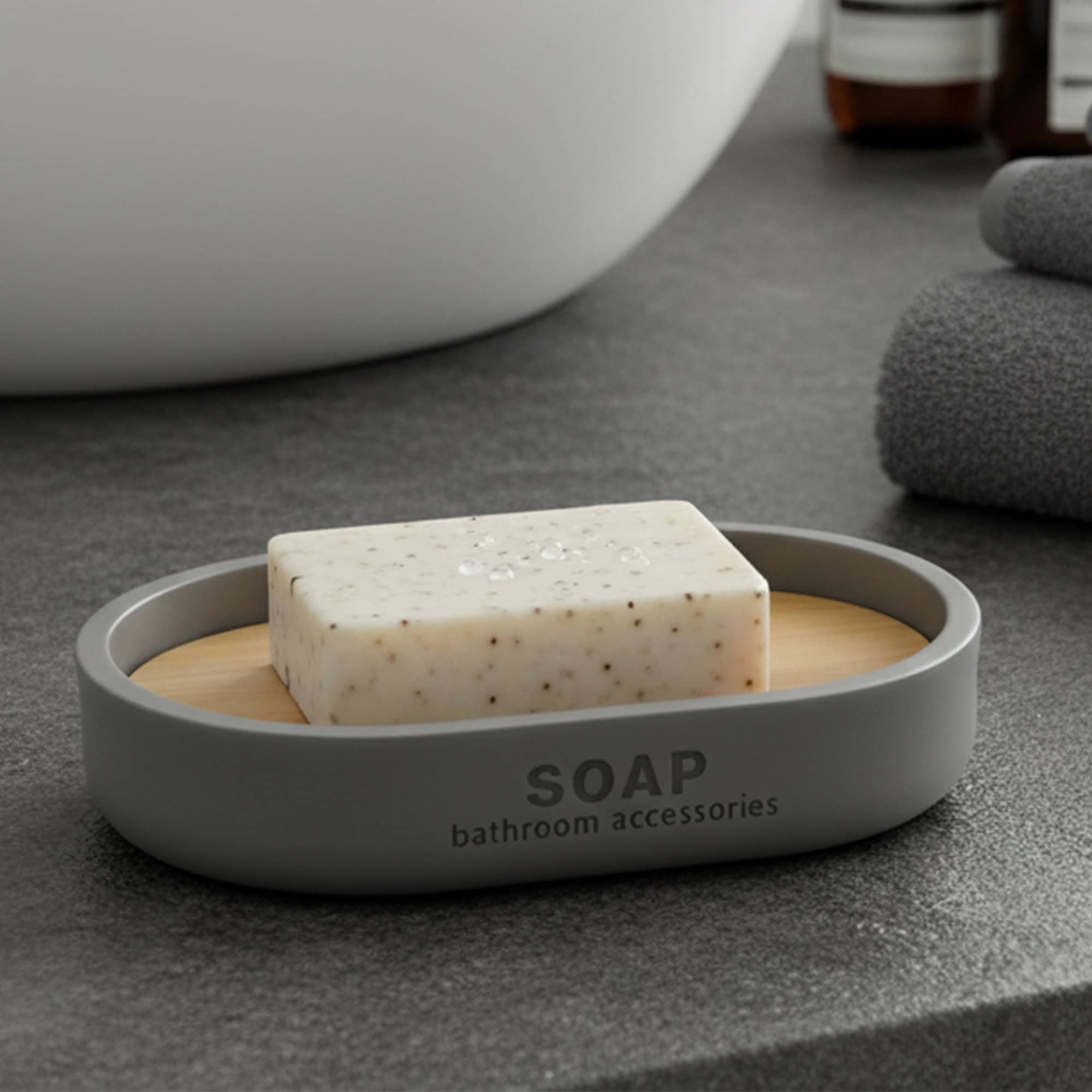 evideco-bathroom-accessories-porte-savon-gris-mat-bambou-polyresine image 2