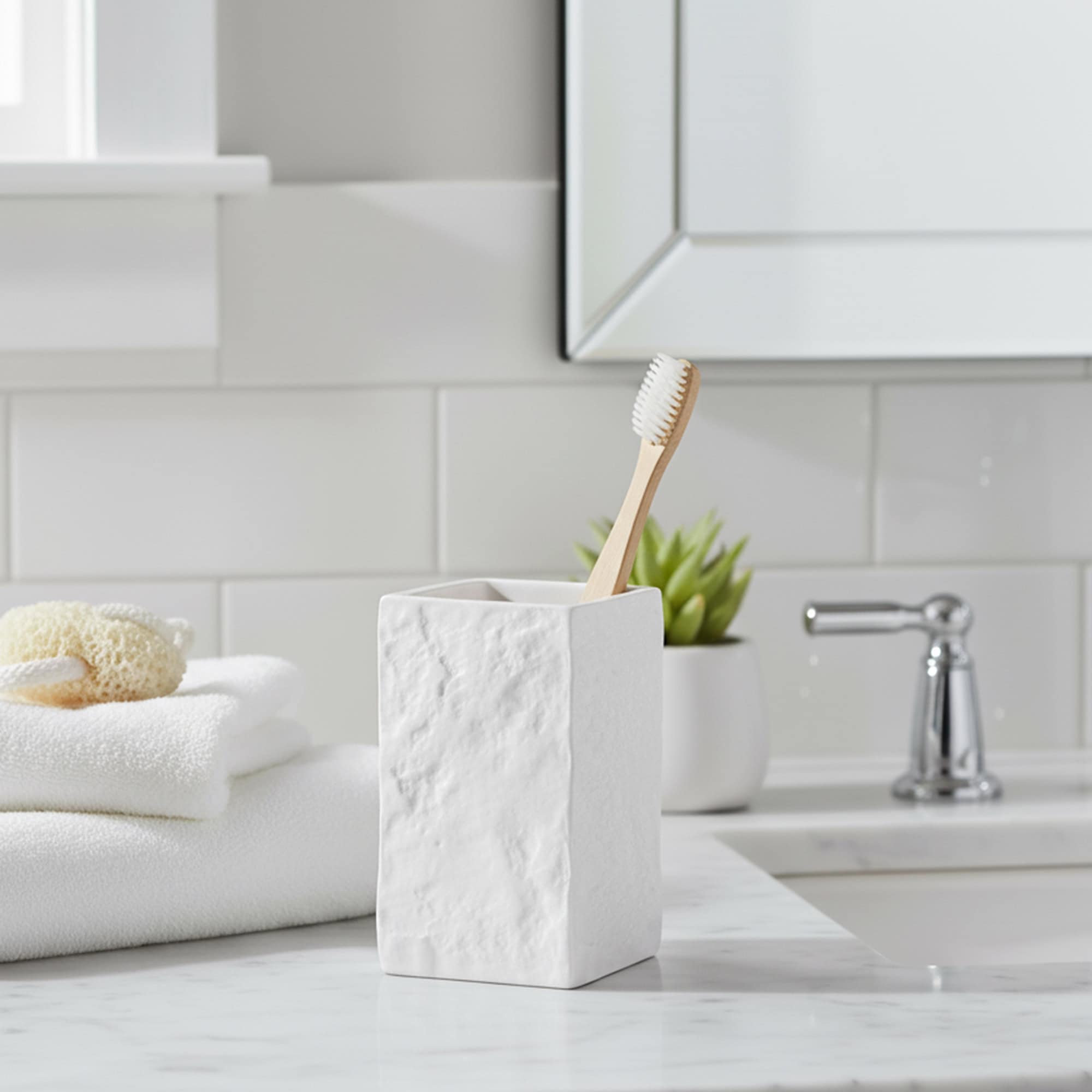 evideco-bathroom-accessories-square-stone-gobelet-salle-de-bain-blanc image 1