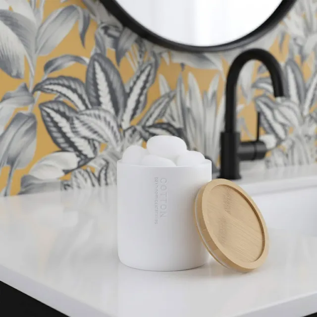 evideco-pot-coton-blanc-mat-couvercle-bambou-salle-de-bain image 1