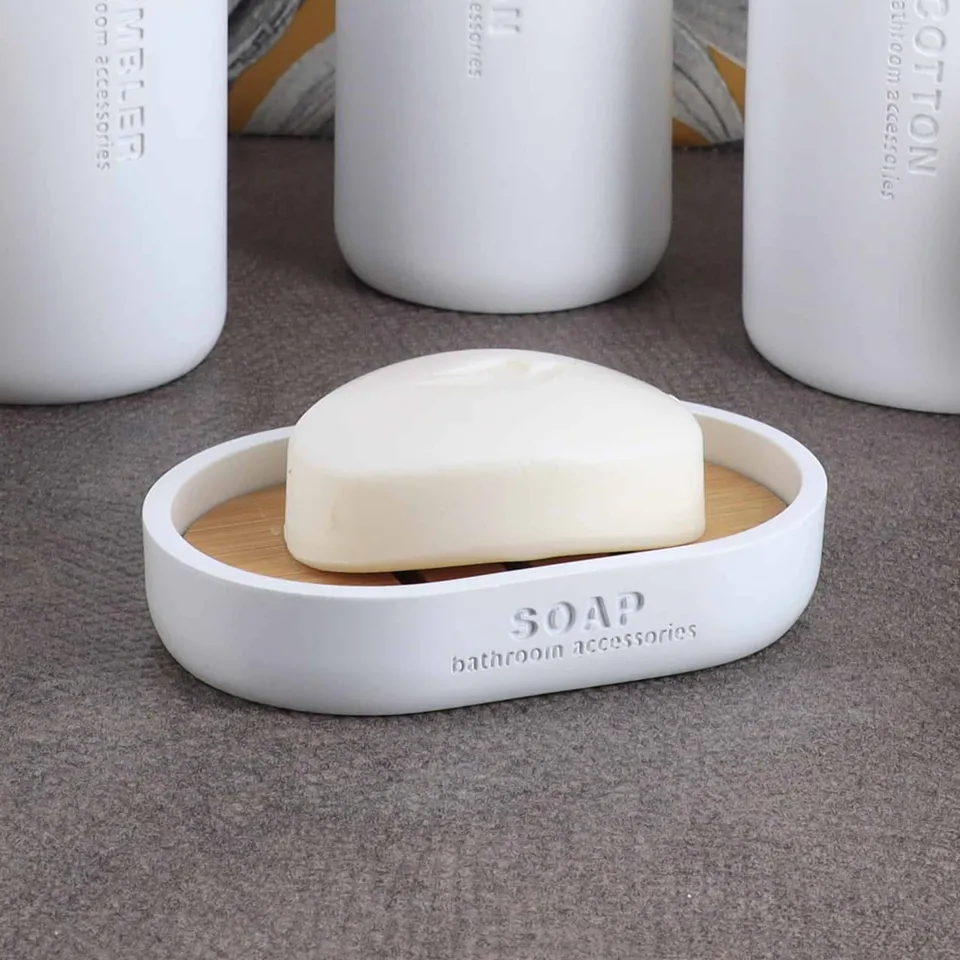evideco-bathroom-accessories-porte-savon-blanc-mat-bambou-polyresine image 1
