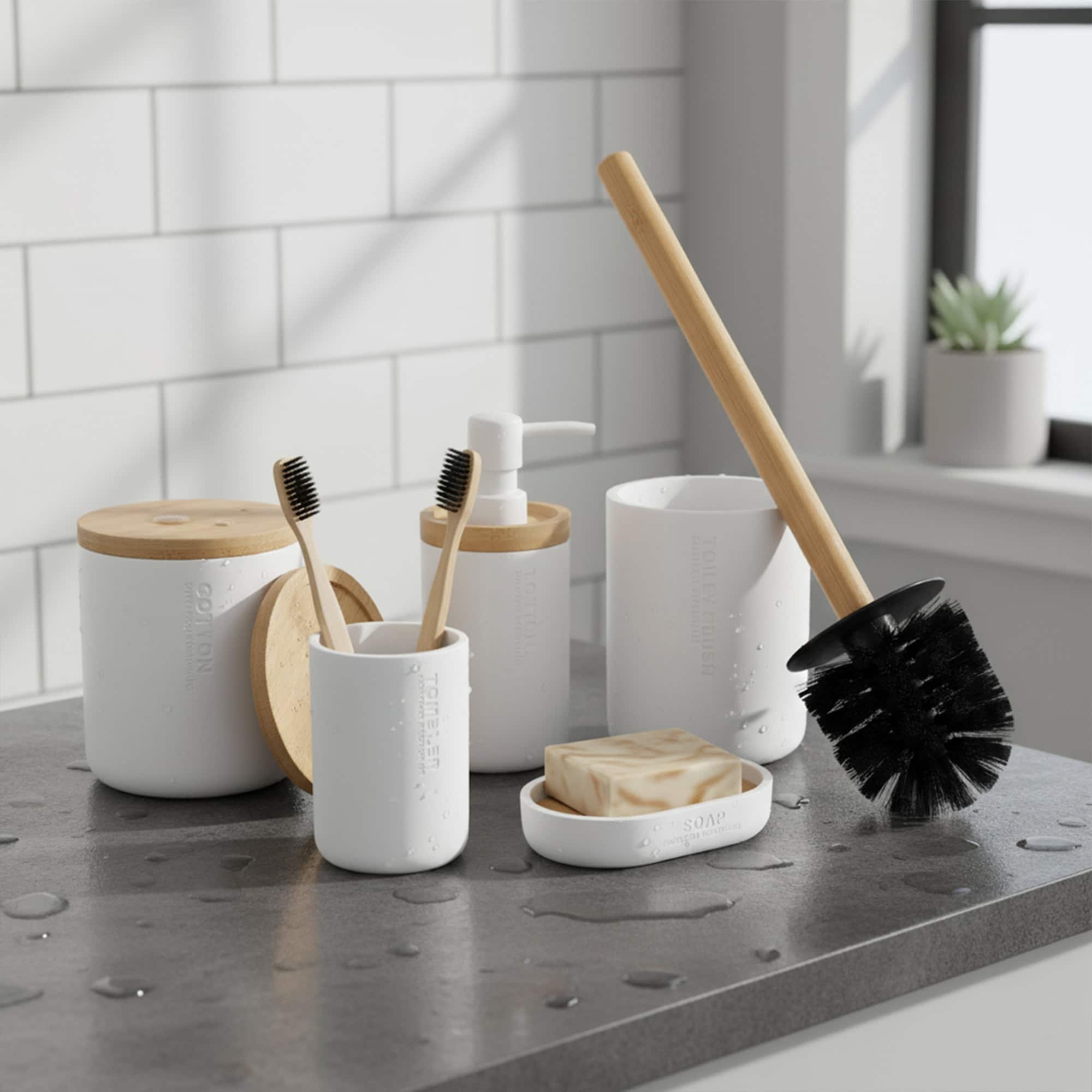 evideco-kit-accessoires-salle-de-bain-blanc-bambou-5-pi-ces image 1