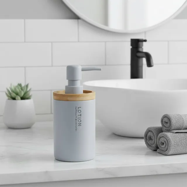 evideco-bathroom-accessories-distributeur-savon-bleu-clair-bambou-pompe image 1