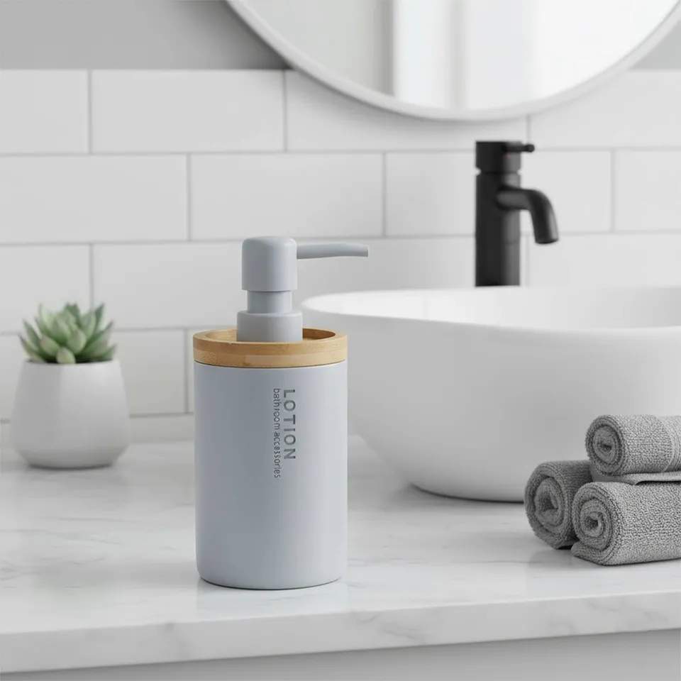 evideco-bathroom-accessories-distributeur-savon-bleu-clair-bambou-pompe image 1