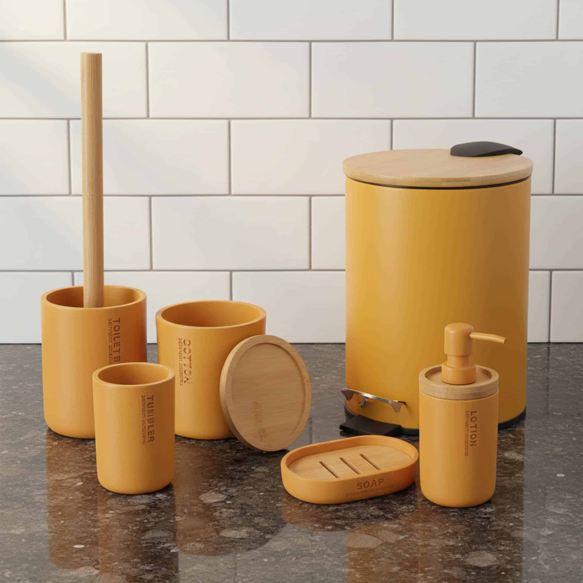 evideco-set-salle-de-bain-6-pi-ces-jaune-moutarde-bambou image 1