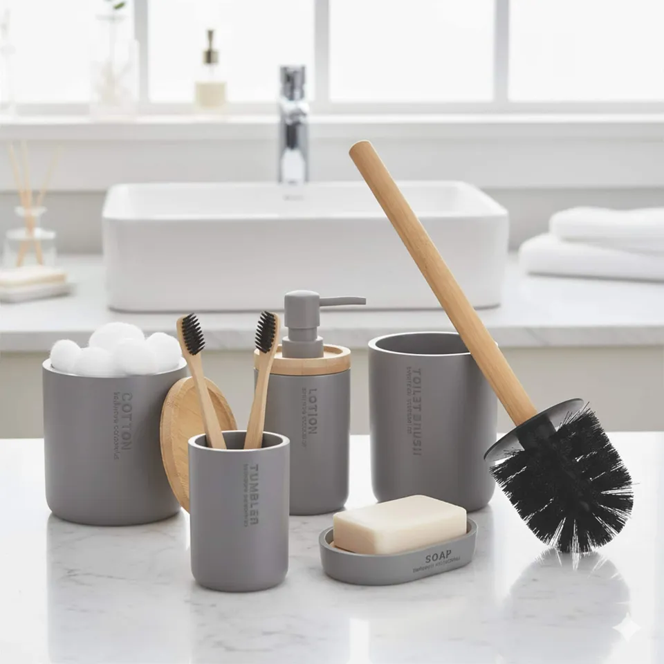 evideco-set-salle-de-bain-gris-bambou-5-pi-ces-accessoires-complet image 1