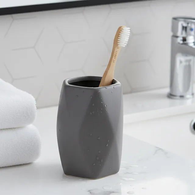 evideco-diamond-gobelet-salle-de-bain-gris-brosse-dents image 1