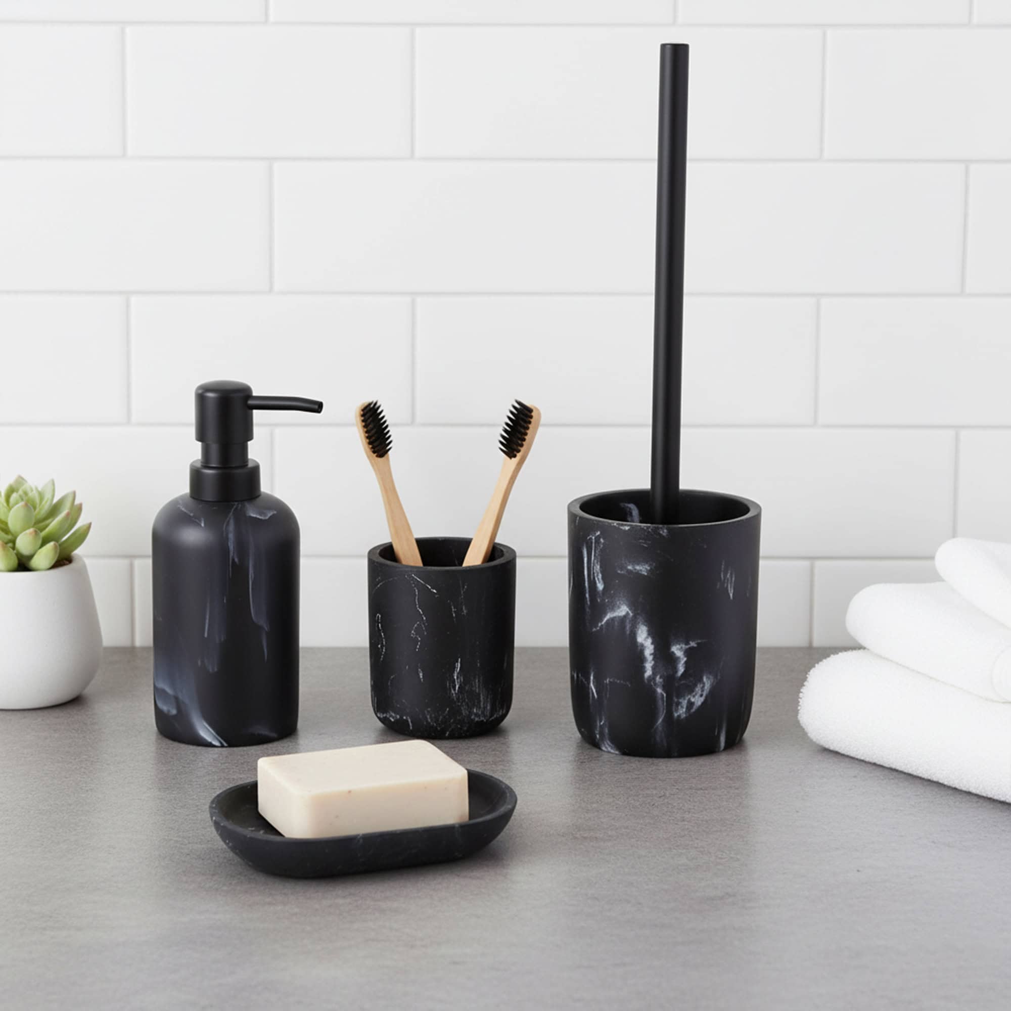 evideco-bathroom-accessories-set-salle-de-bain-marbre-noir-4-pi-ces image 1