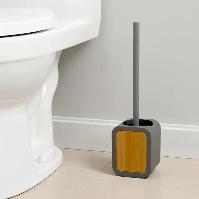 evideco-brosse-wc-gris-caoutchouc-acacia-avec-support image 1