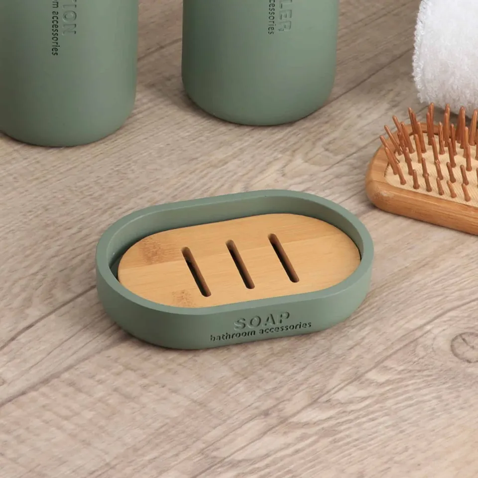 evideco-bathroom-accessories-porte-savon-vert-mat-base-bambou image 1