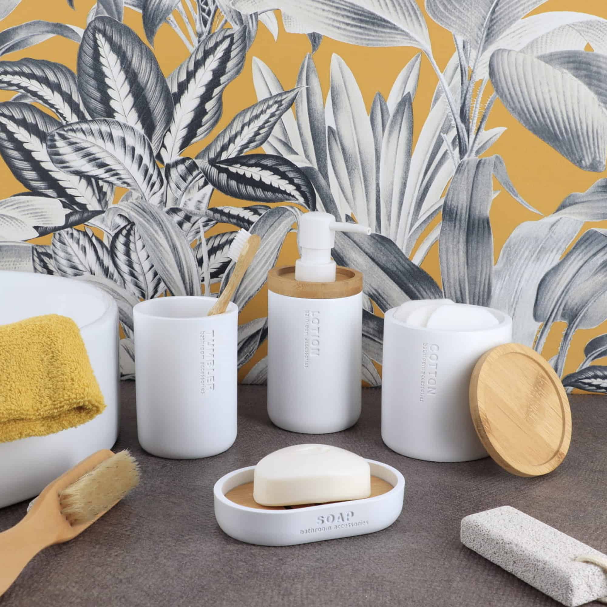 evideco-kit-accessoires-salle-de-bain-blanc-bambou-5-pi-ces image 2