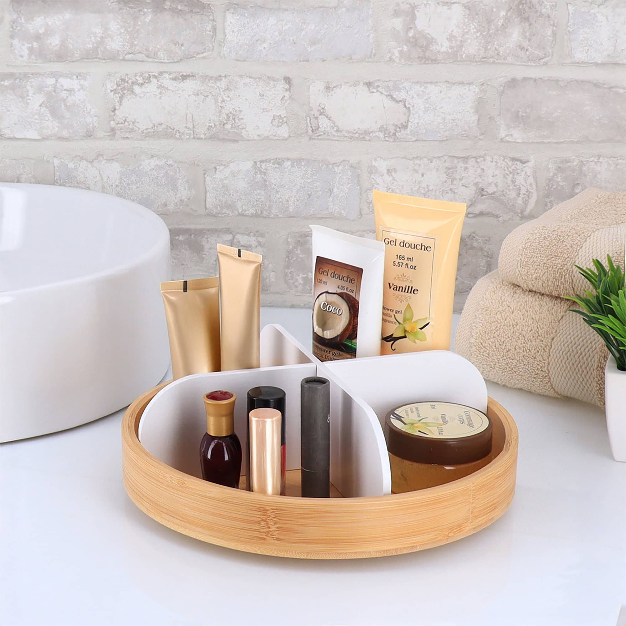 evideco-organiseur-rotatif-salle-de-bain-4-cases-bambou-blanc image 1