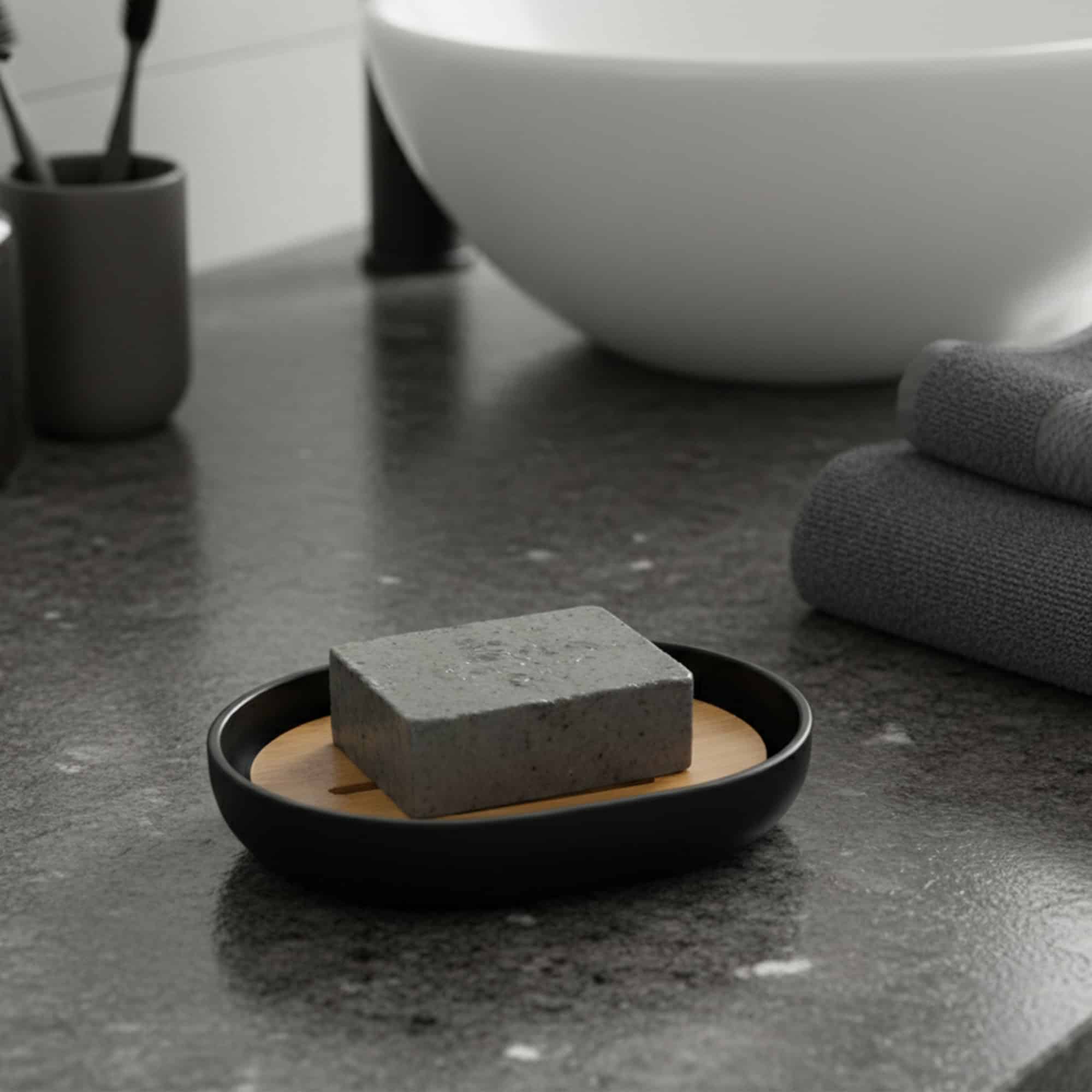 evideco-padang-porte-savon-noir-plateau-bambou-gouttoir image 1