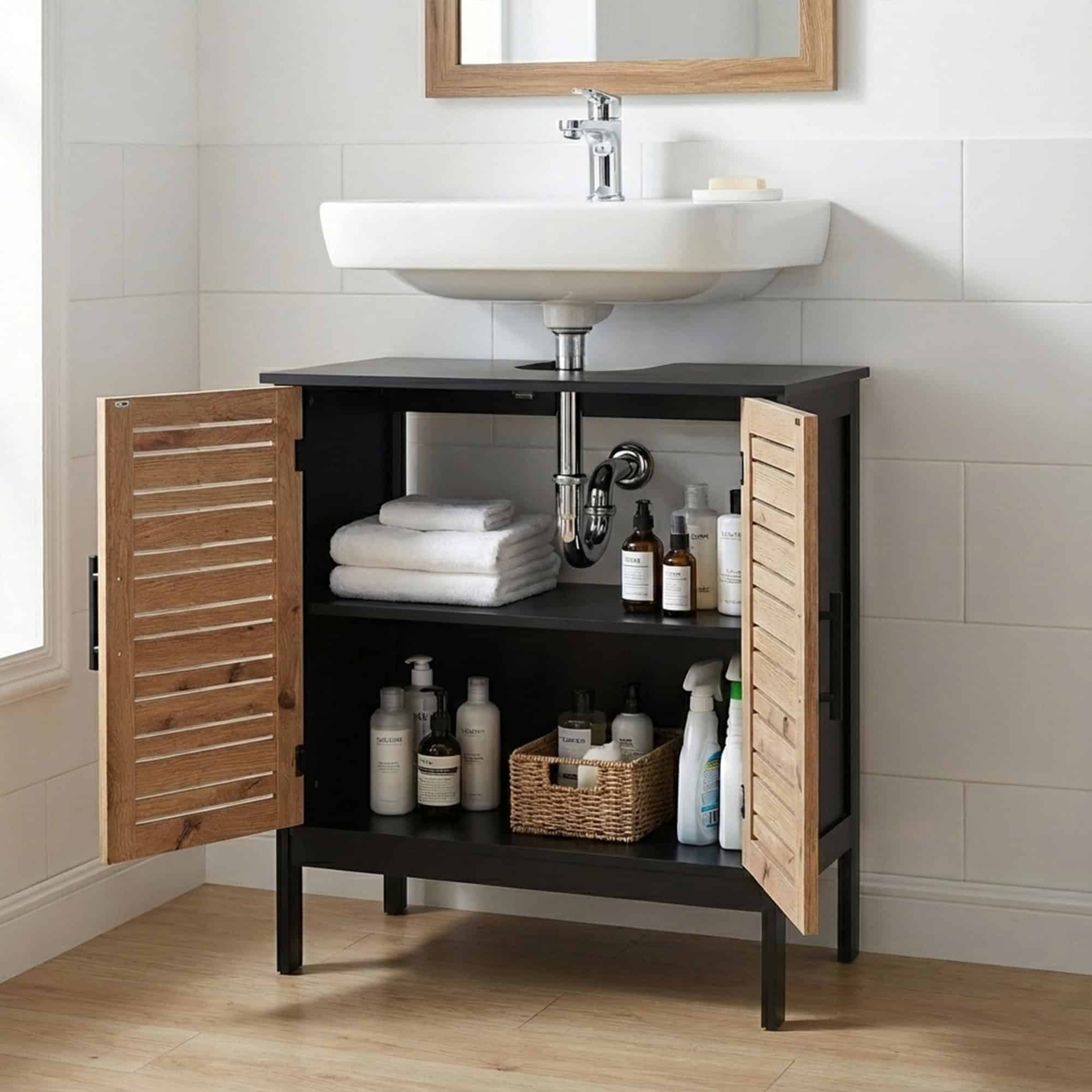 evideco-bergen-meuble-sous-lavabo-noir-marron-2-portes-ajour-es image 2