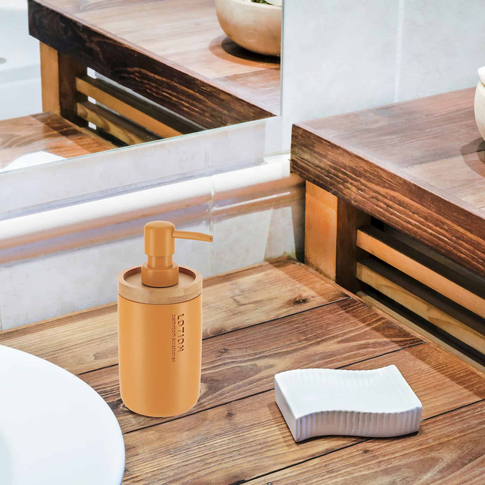 evideco-bathroom-accessories-distributeur-savon-jaune-moutarde-bambou image 6