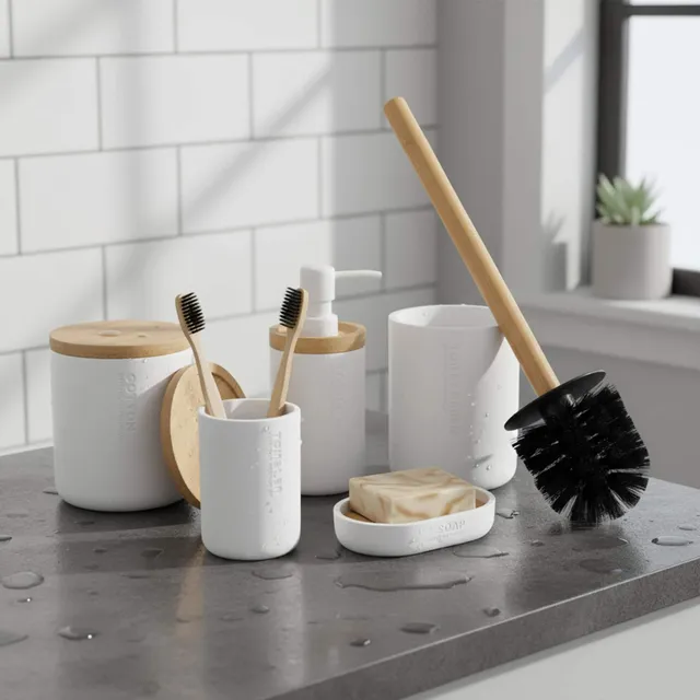 evideco-kit-accessoires-salle-de-bain-blanc-bambou-5-pi-ces image 1