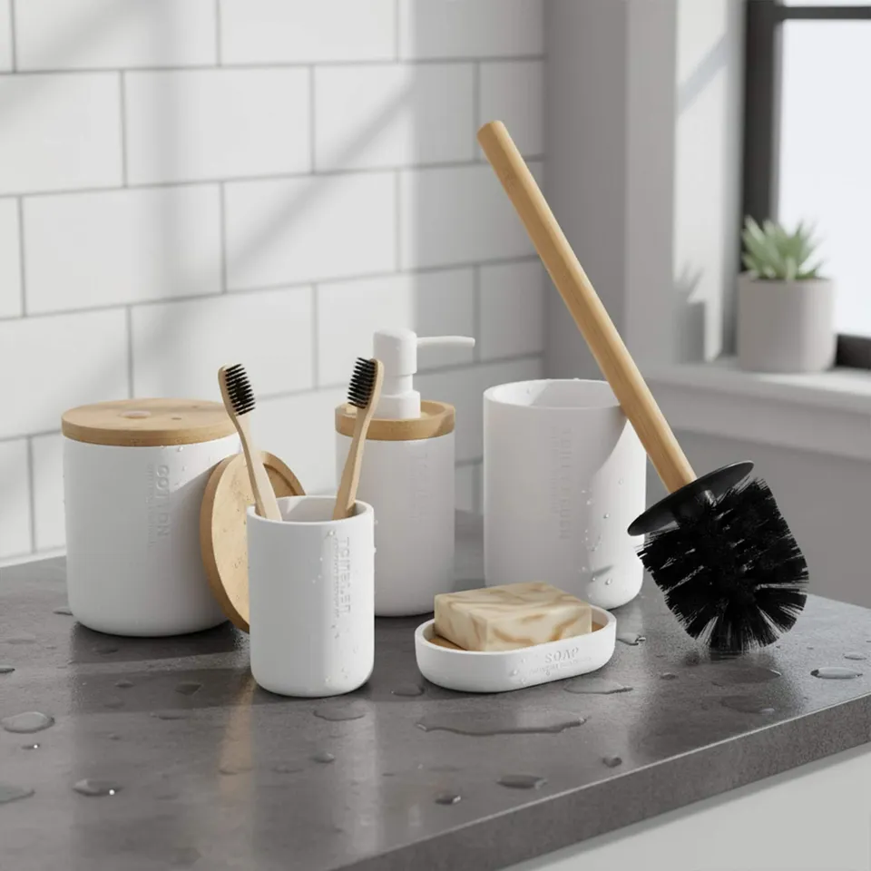 evideco-kit-accessoires-salle-de-bain-blanc-bambou-5-pi-ces image 1